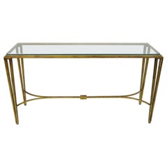 Retro Italian Modern Gold Gilt Heavy Iron Base Glass Top Console Sofa Hall Table