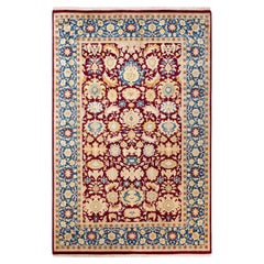 Tapis traditionnel Mogul rouge unique fait à la main, unique en son genre