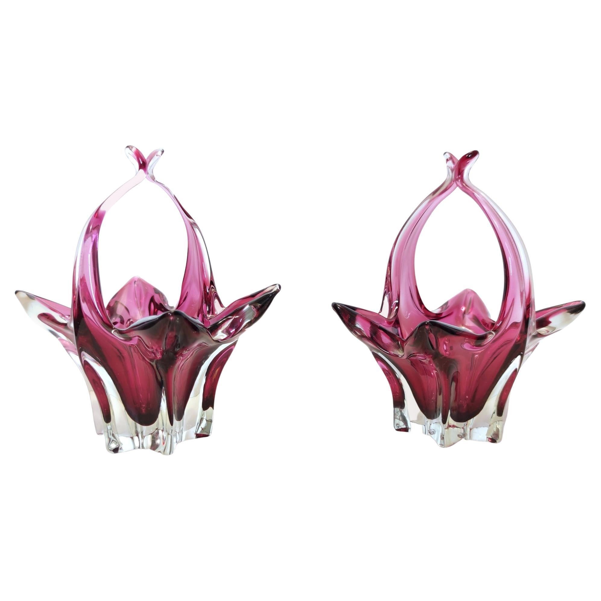 Pair of Pink Murano Glass Bonbonnières / Trinket Bowls, Italy
