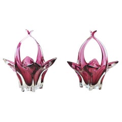 Pair of Retro Pink Murano Glass Bonbonnières / Trinket Bowls, Italy