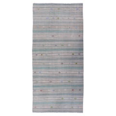 Retro Hand-Woven Turkish Kilim Gallery Rug in Wool with All-Over Stripe Design