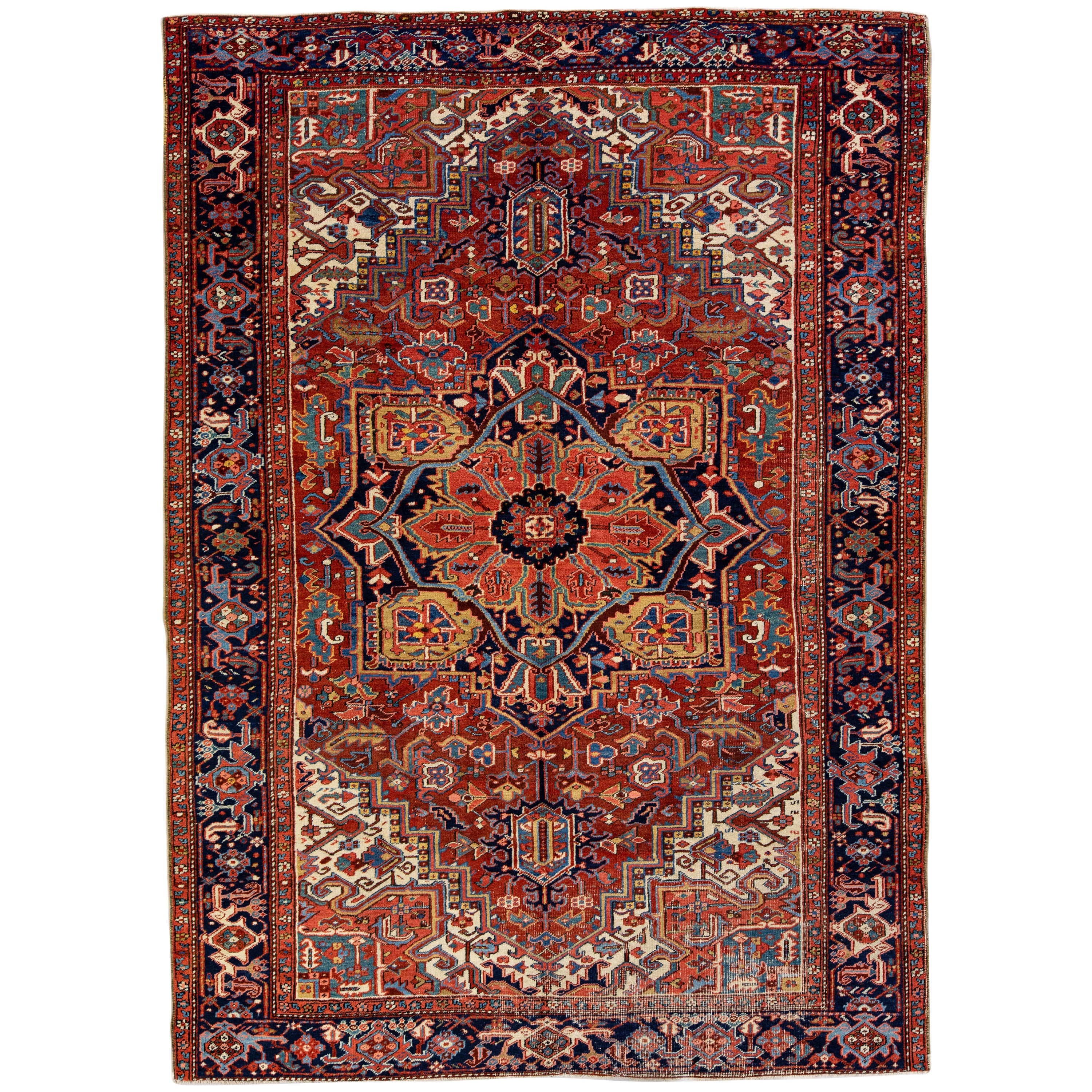 Antique Persian Heriz Handmade Wool Rug with Multicolor Medallion Design