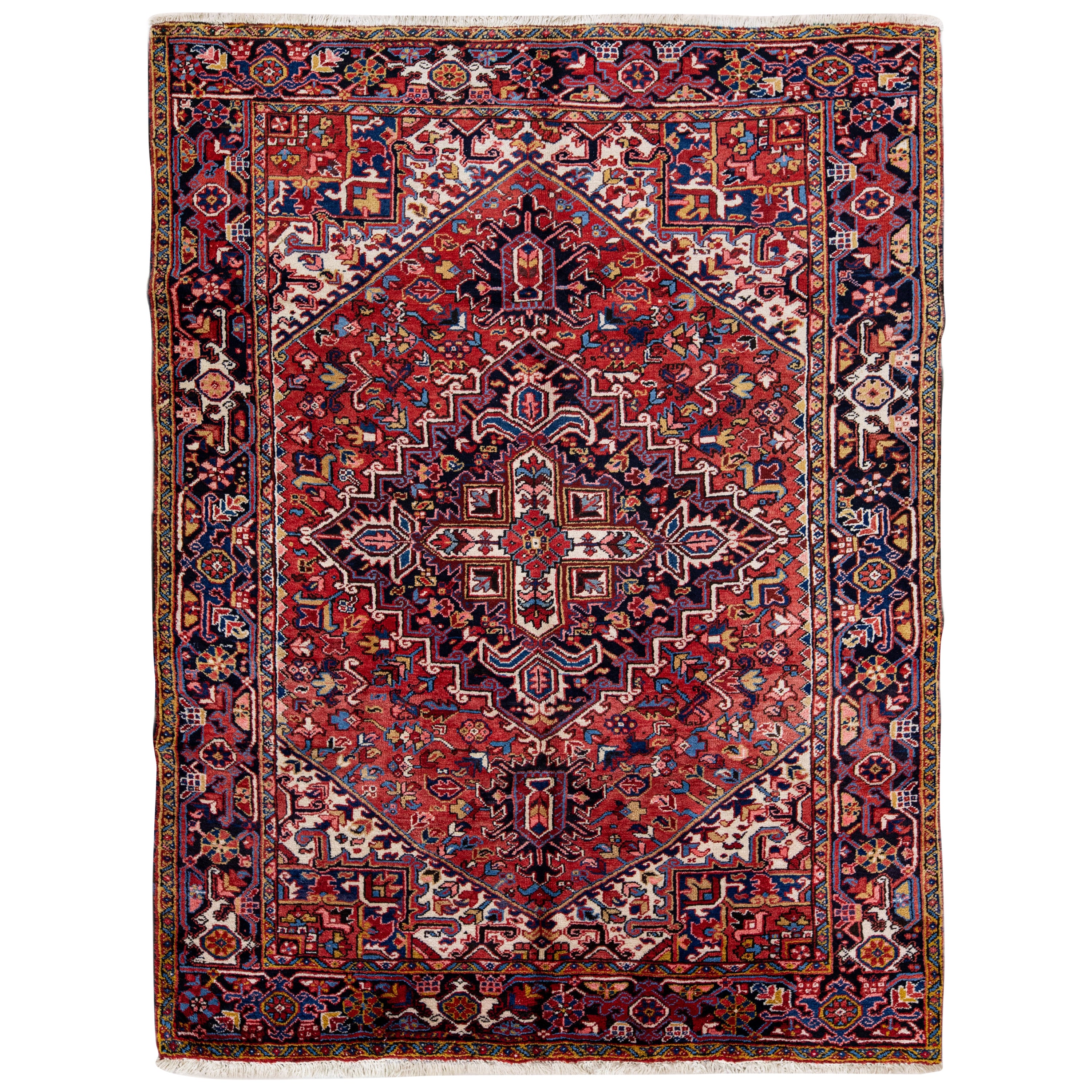 Antique Persian Heriz Handmade Medallion Designed Red Wool Rug For Sale