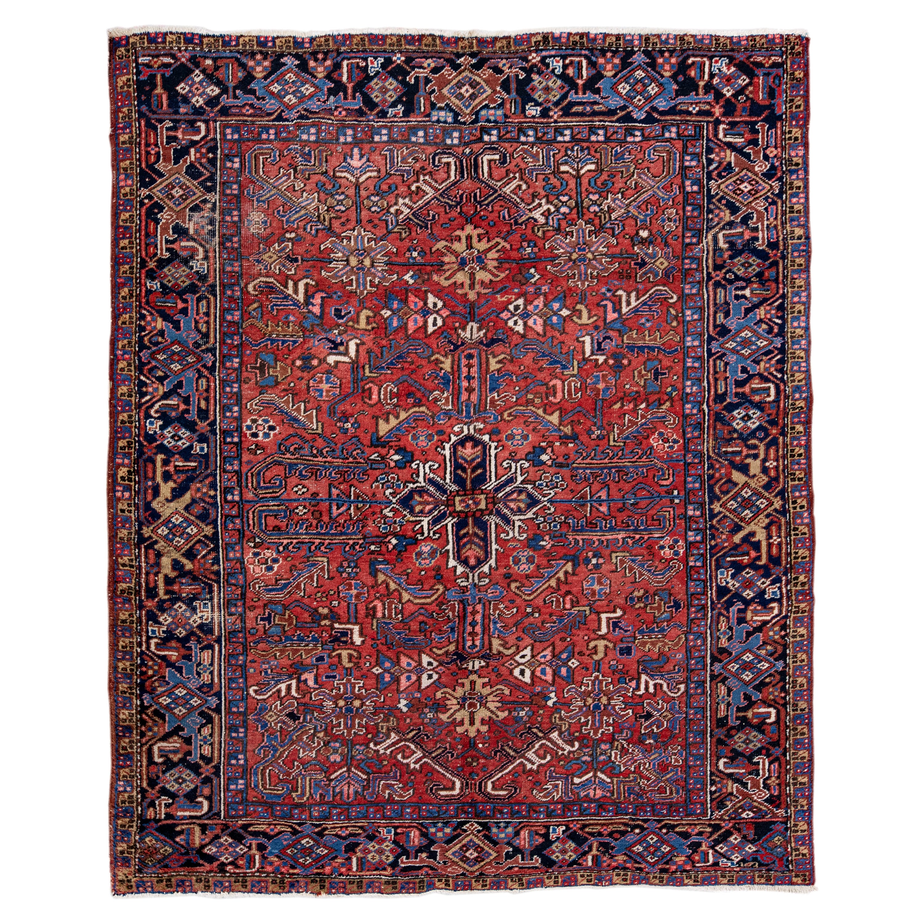 Red Antique Persian Heriz Handmade Allover Pattern Wool Rug For Sale