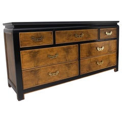 Burl Walnut Black Lacquer Solid Brass Drop Pulls Long Credenza Dresser 