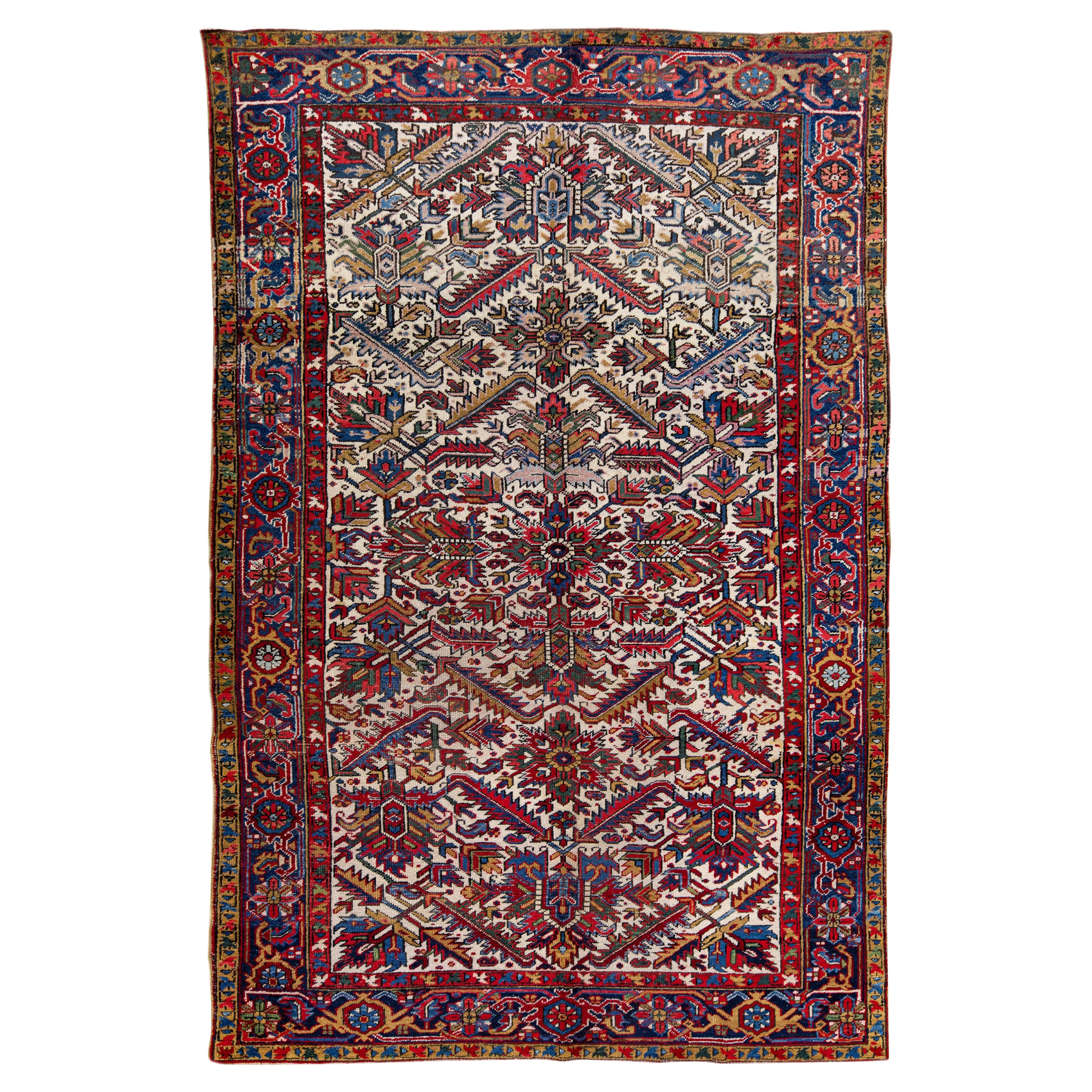 Ivory Antique Persian Heriz Handmade Allover Floral Wool Rug For Sale
