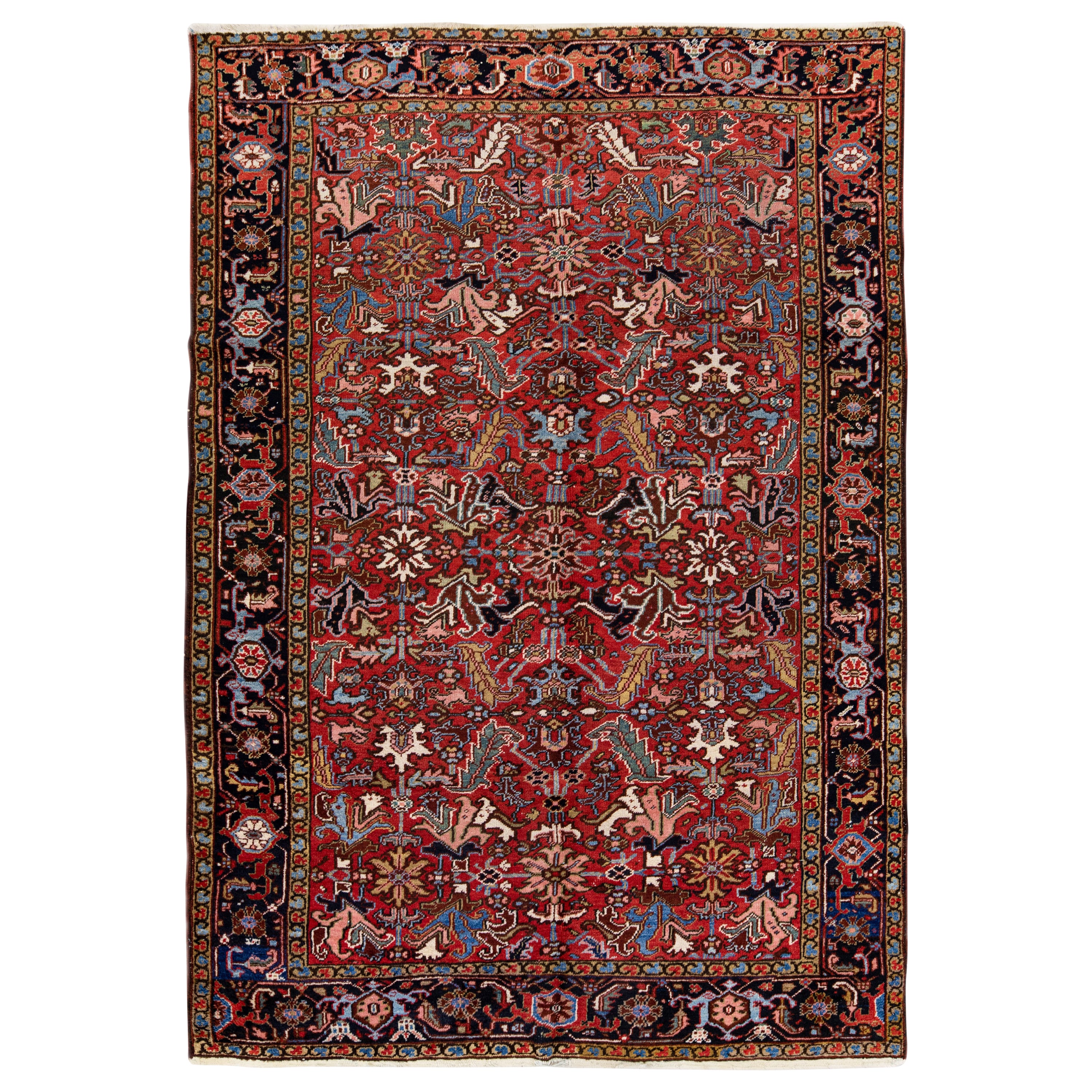 Antiker persischer Heriz handgefertigter Teppich aus roter Wolle mit Allover-Muster 