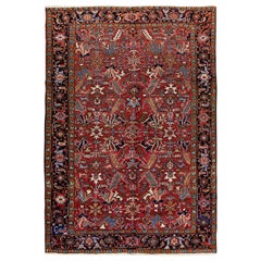 Antique Persian Heriz Handmade Allover Pattern Red Wool Rug 