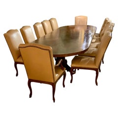 Italian Large Oval Dining Table with Two Pedestals 12 Leather High Back Chairs