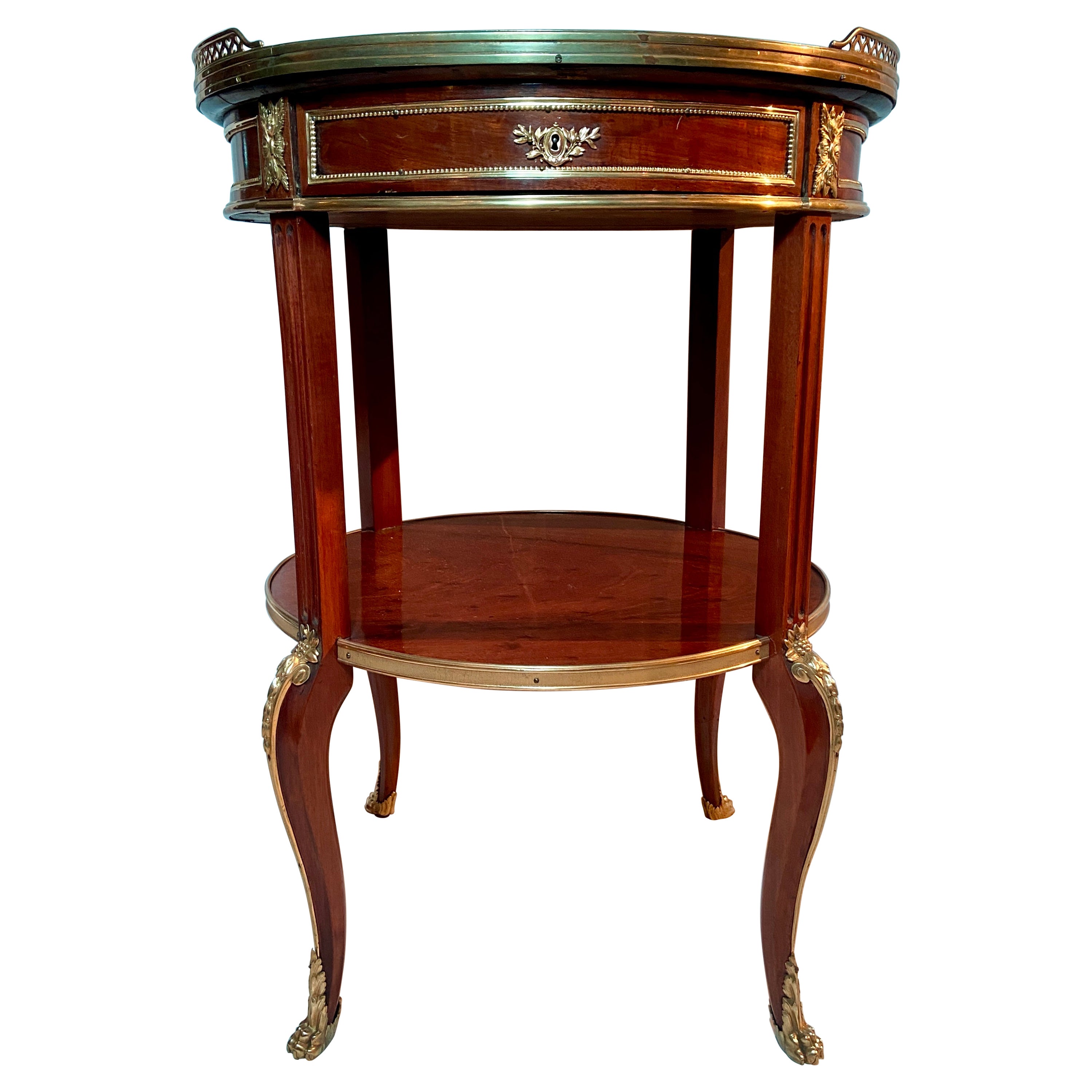 Ancienne table bouillotte française en acajou et bronze doré avec plateau en marbre, vers 1880