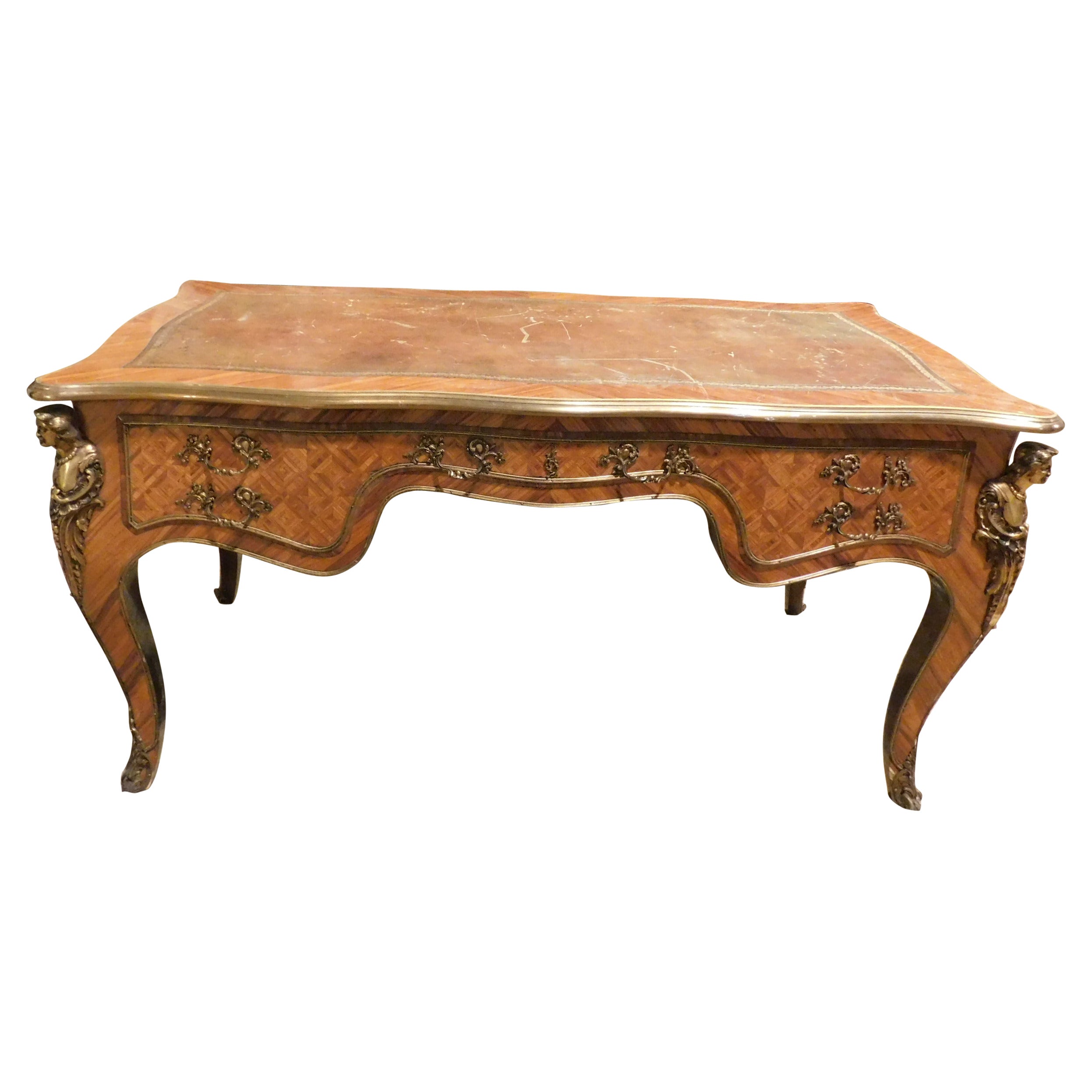 1940s Writing Table, with Drawers and Gilded Bronzes, Italy For Sale