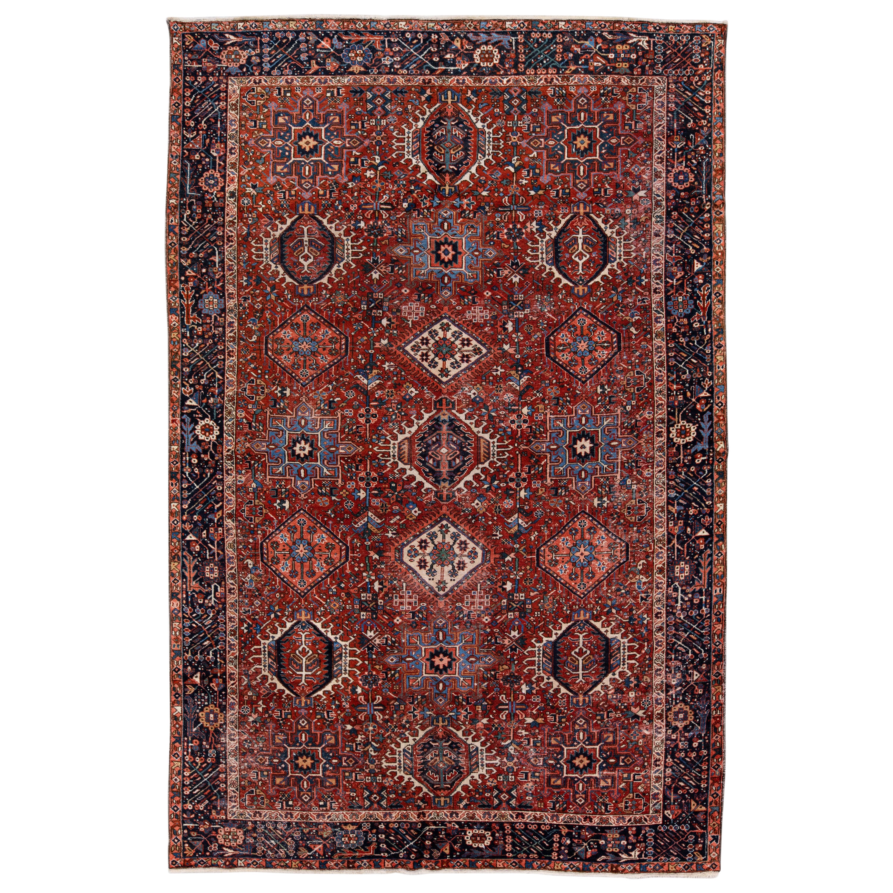 Red Antique Persian Heriz Handmade Allover Geometric Wool Rug For Sale