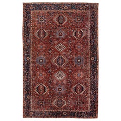 Red Antique Persian Heriz Handmade Allover Geometric Wool Rug