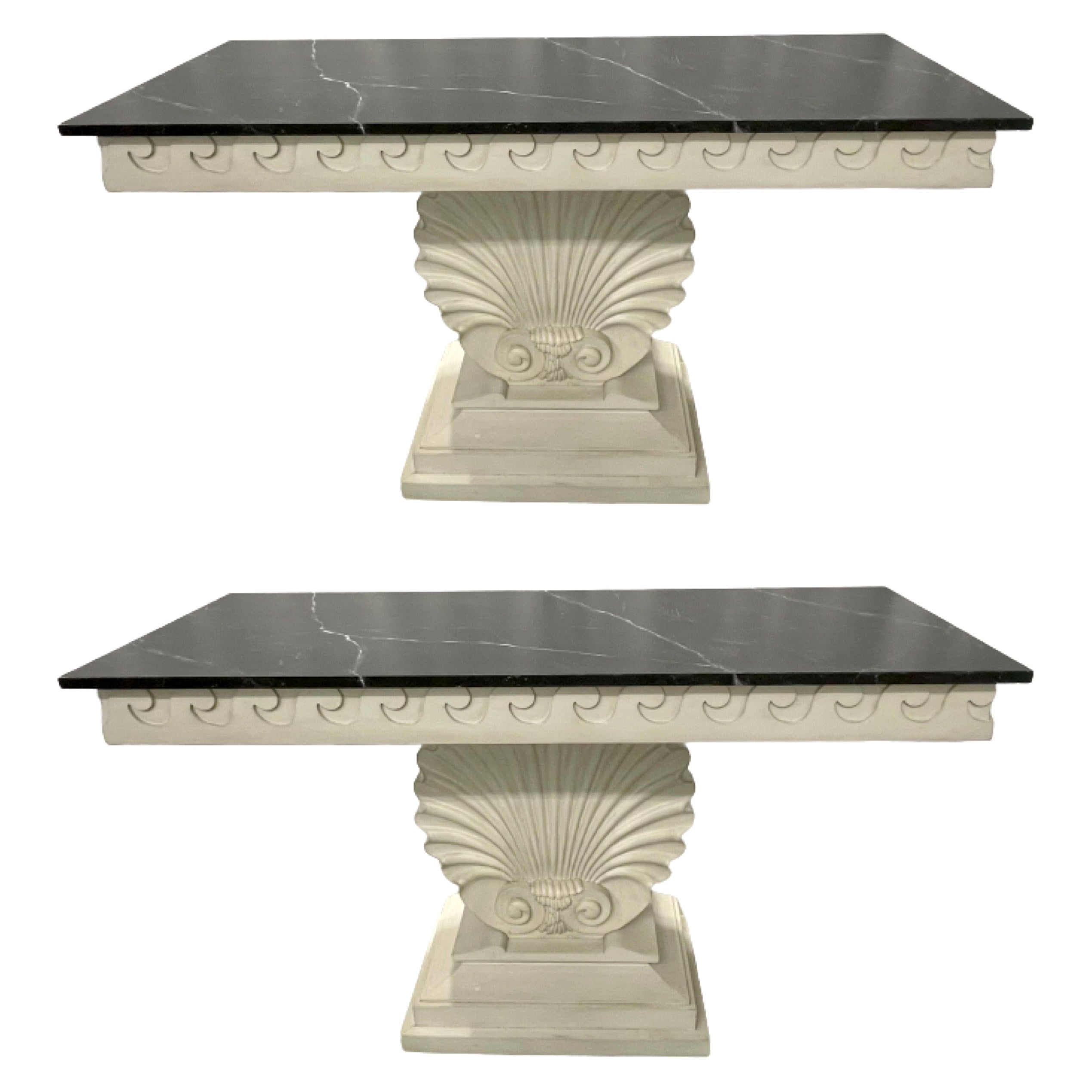 Pair of Hollywood Regency Style Shell From Console Tables, Faux Marble Top