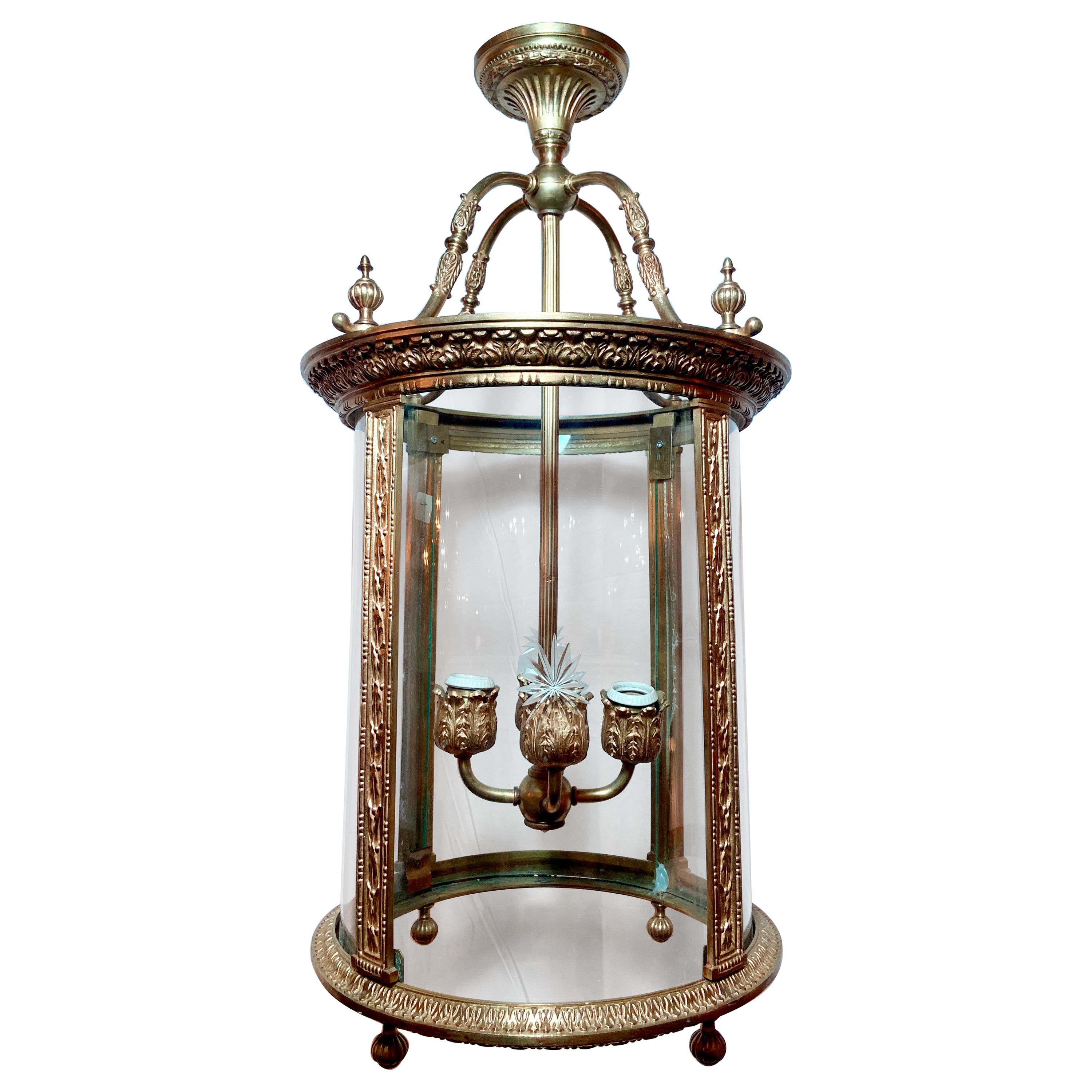 Lanterne française ancienne du 19ème siècle en bronze doré avec verre gravé