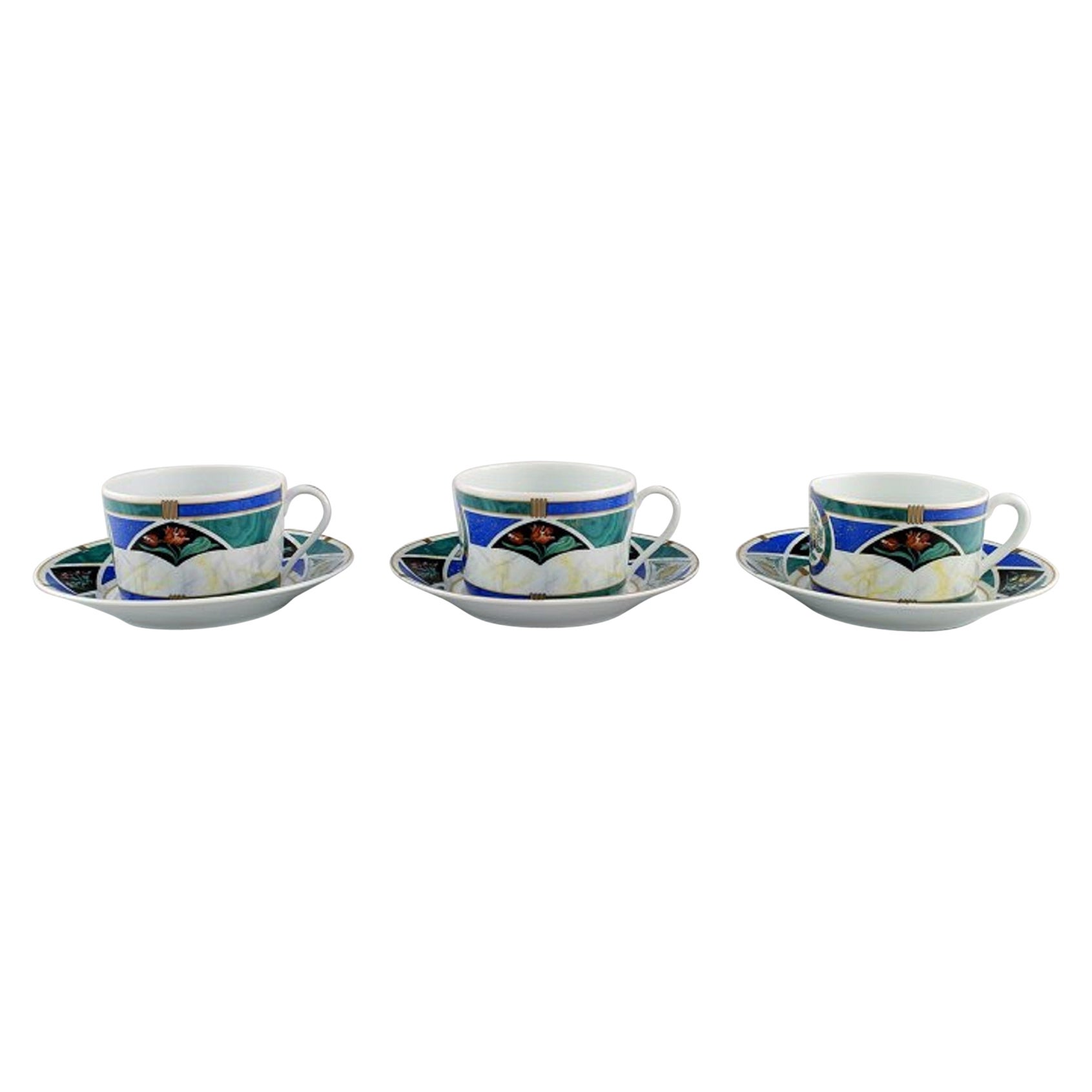 Limoges France. 3 Christian Dior "Dioricis" Anniversary Coffee Cups with Saucers