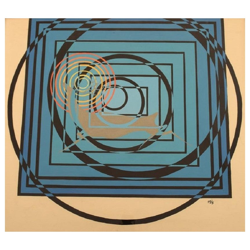 Cai, artiste inconnu, Tempera sur papier, composition abstraite, datée de 1973 en vente