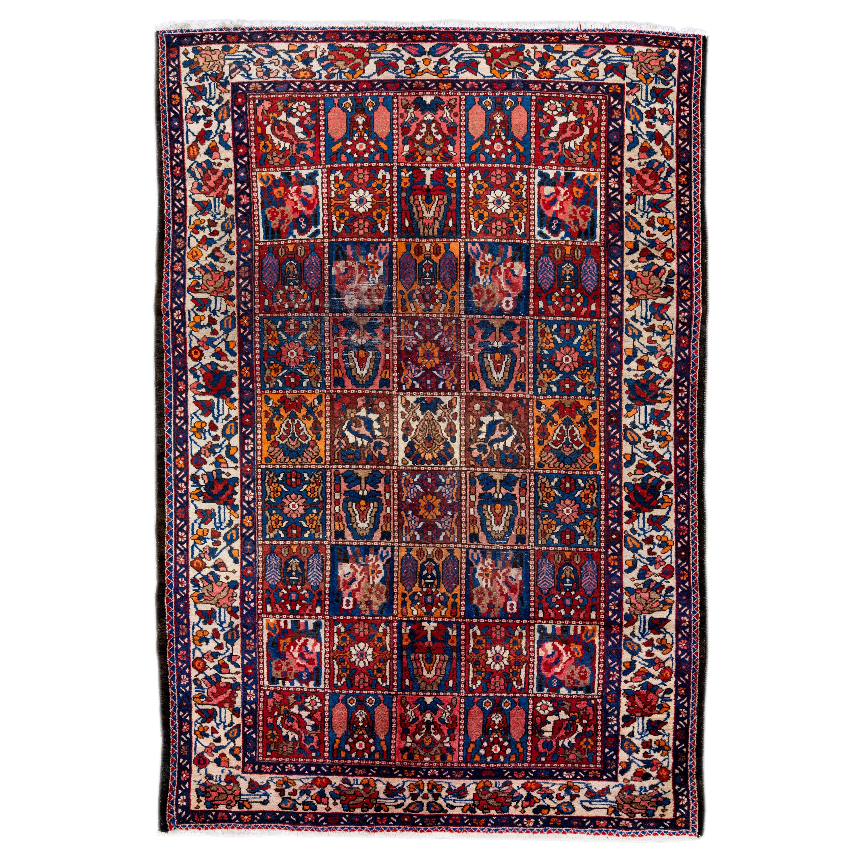 Antique Persian Bakhtiari Handmade Allover Pattern Multicolor Wool Rug For Sale