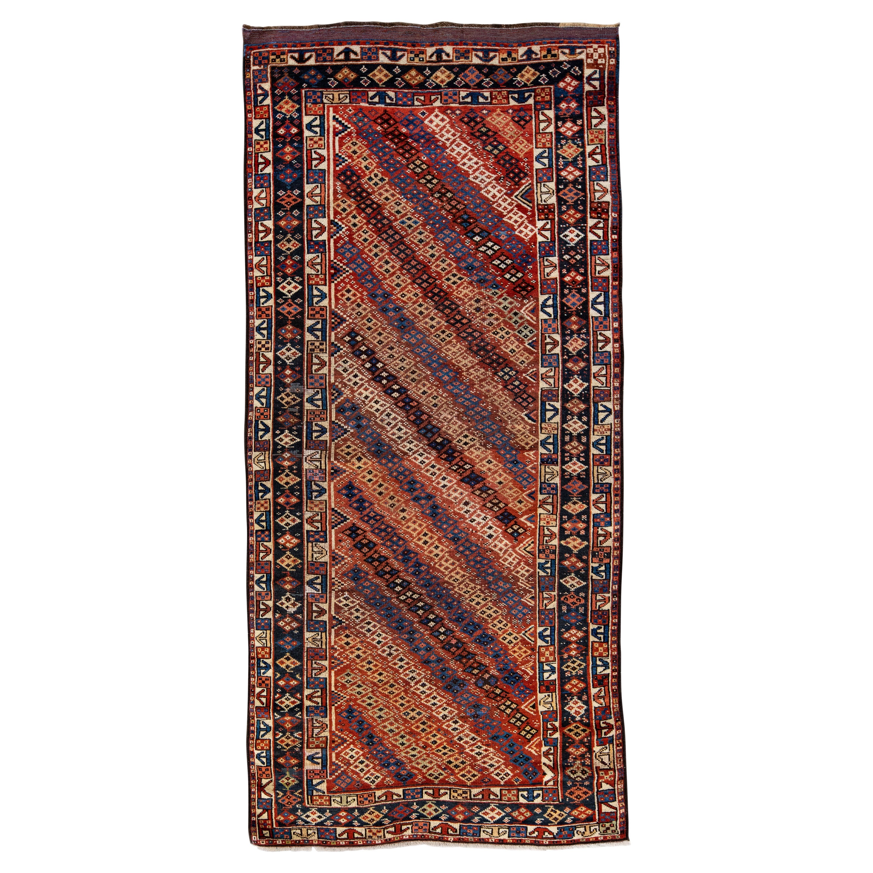 Rust Vintage Kurd Handmade Geometric Designed Wool Runner For Sale