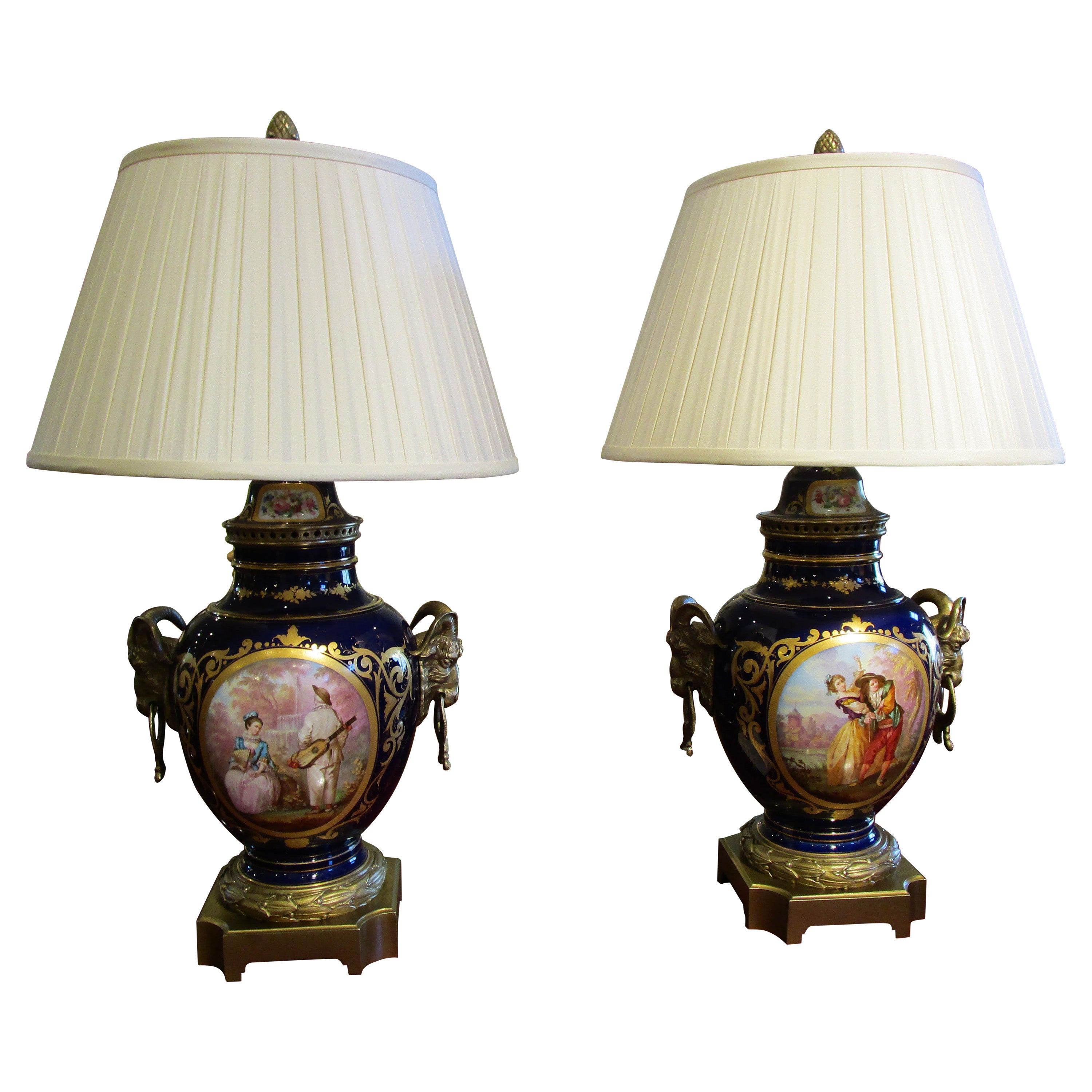 Pair of French 19th C Sevre's Cobalt Blue Porcelain and Gilt Bronze Lamps For Sale