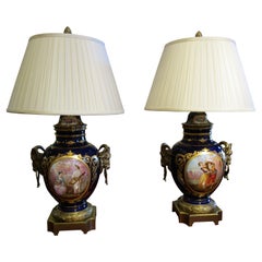 Pair of French 19th C Sevre's Cobalt Blue Porcelain and Gilt Bronze Lamps