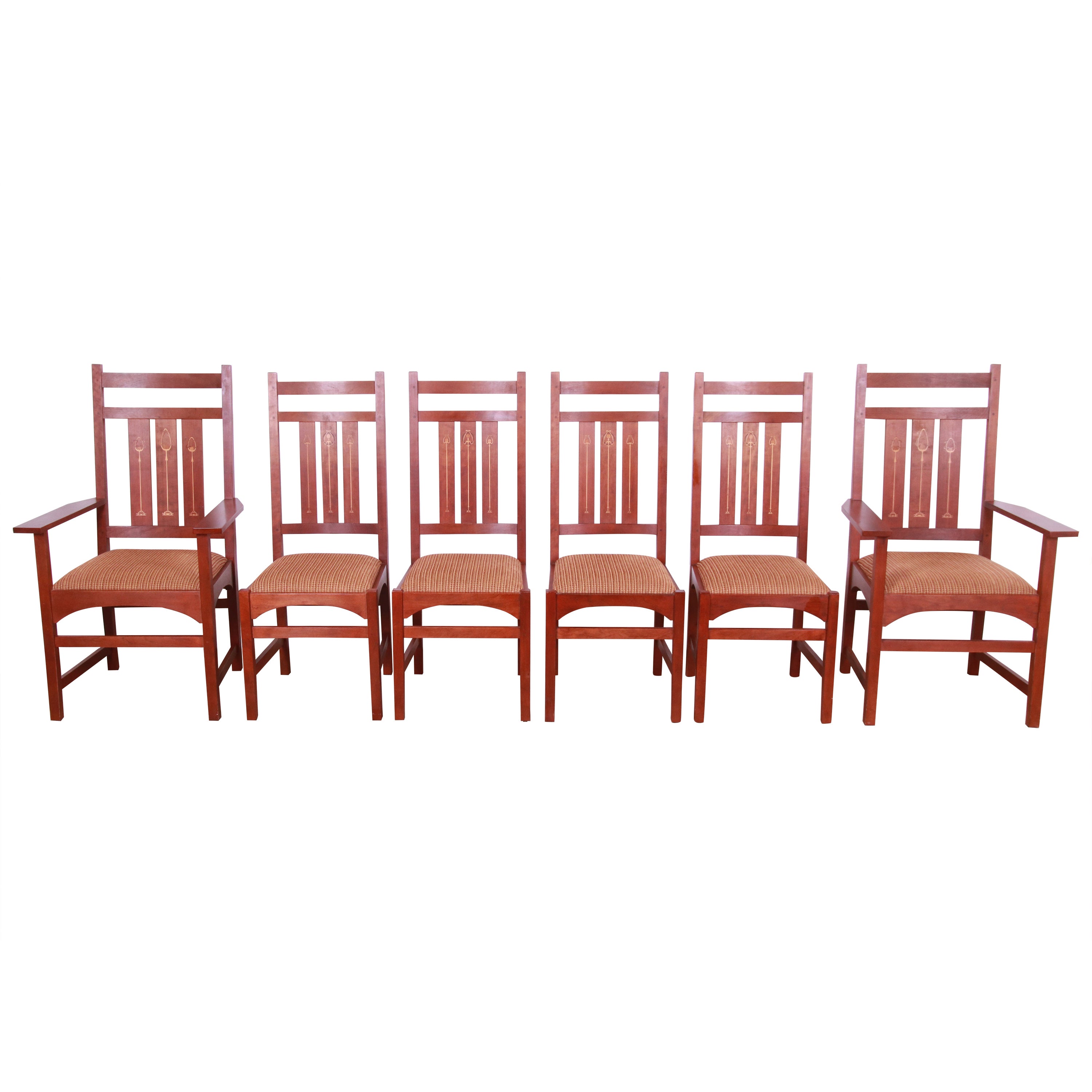 Stickley Harvey Ellis Collection Inlaid Cherry Wood Dining Chairs, Set of Six