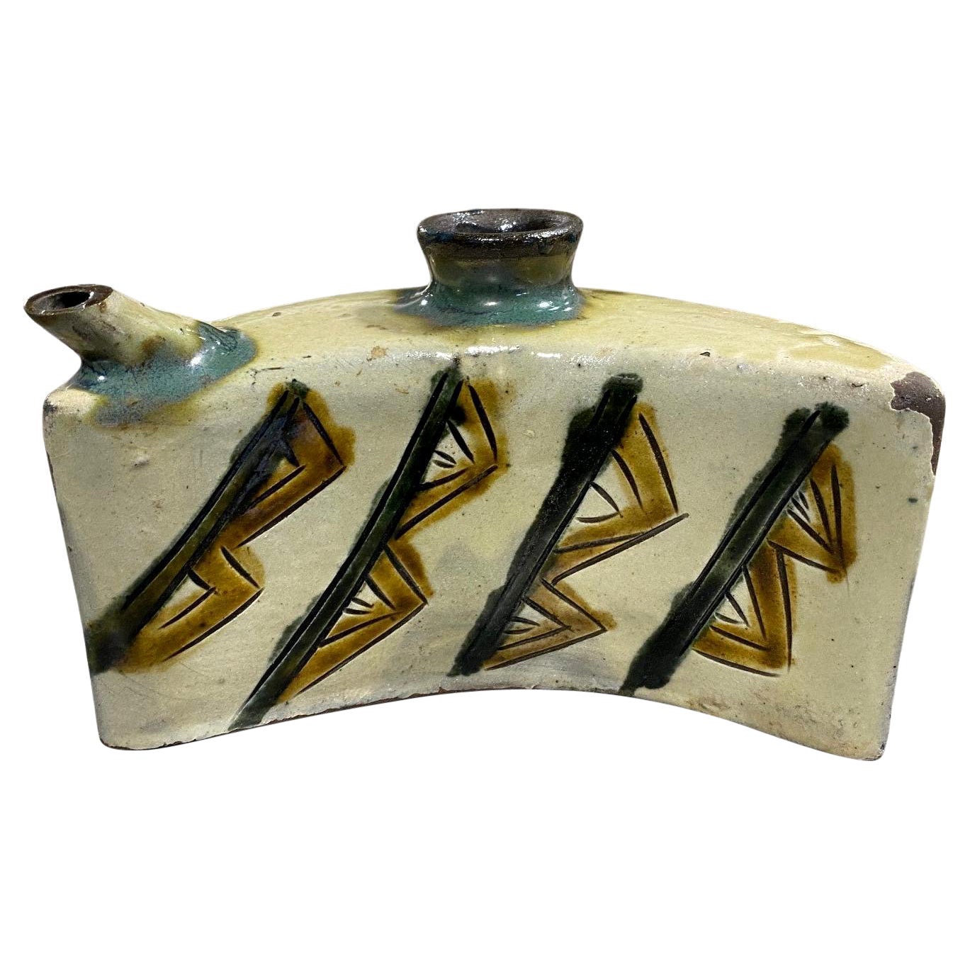 Japanese Okinawa Ceramic Showa Period Awamori Sake Pottery Dachibin Hip Flask For Sale