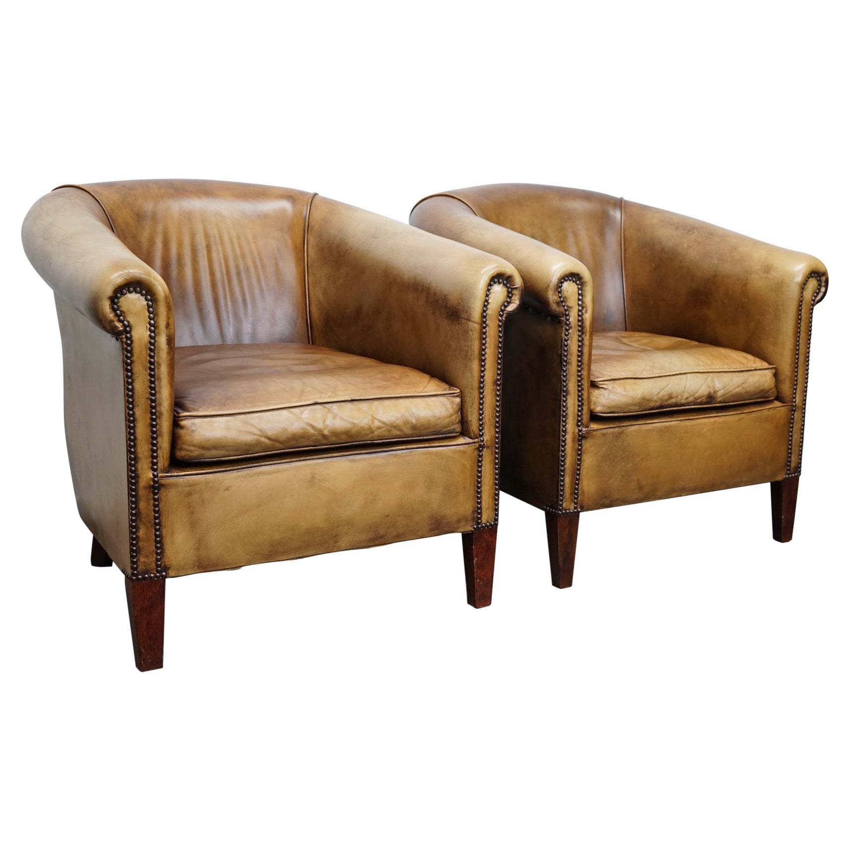 Vintage Dutch Cognac Leather Club Chairs, Set of Two at 1stDibs
