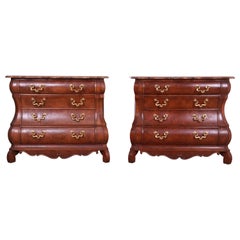 Retro Baker Furniture Dutch Burled Walnut Bombe Chests or Commodes, Pair