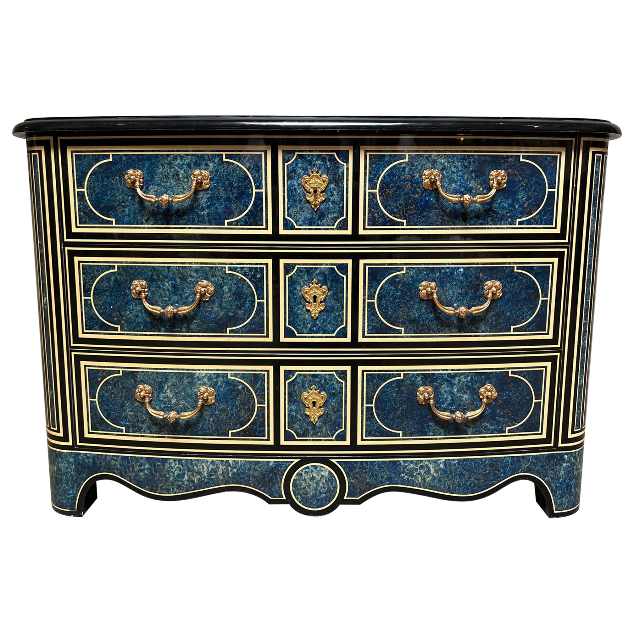 French Regence Style Commode with a Blue, White and Black Lacquered Finish
