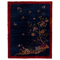 Vintage Art Deco Chinese Handmade Floral Blue Wool Rug