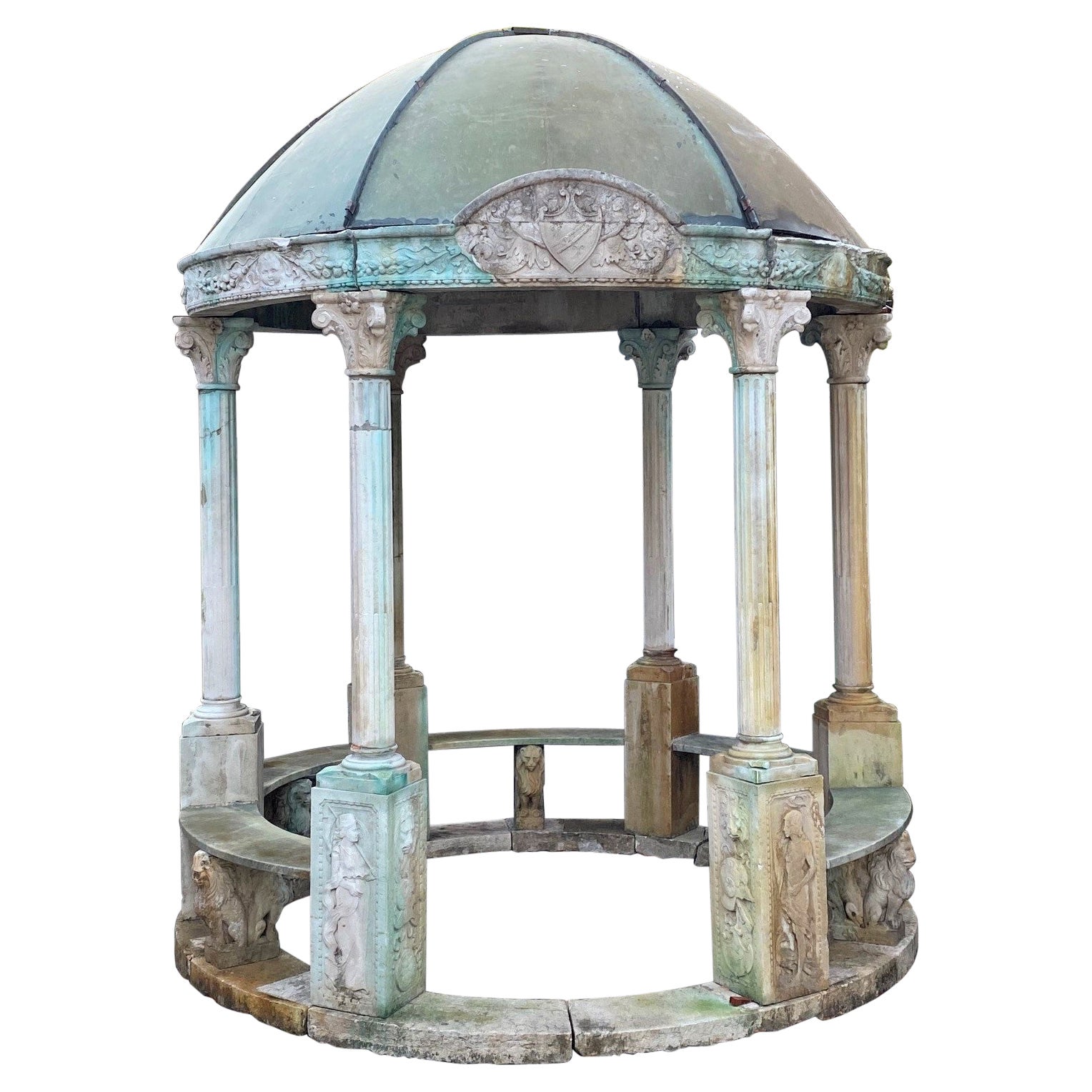 Exquisite Rotunda Structure Kiosk Copper & Carved Stone Bench Seating Columns For Sale