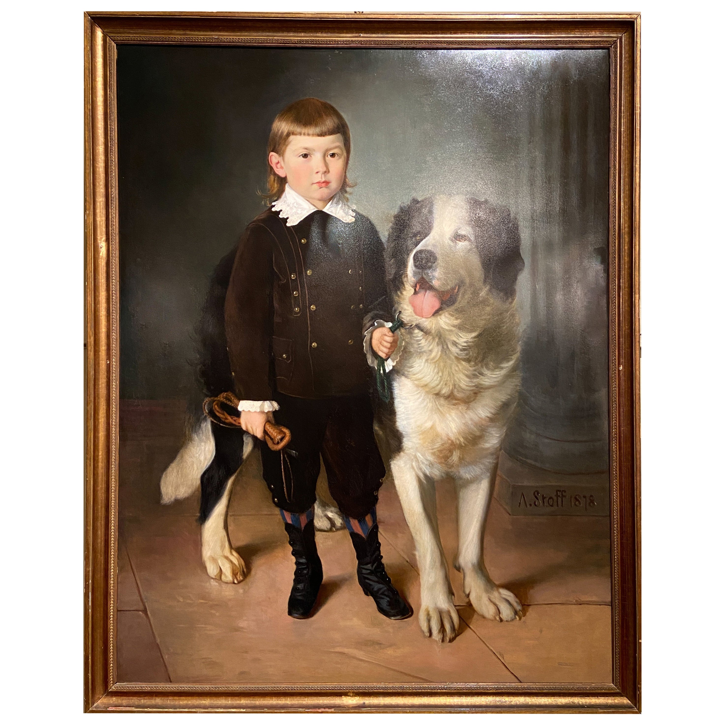 Portrait autrichien ancien à l'huile d'un garçon et d'un chien signé « A. Stoff 1878 ».