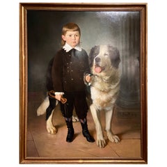 Antique Austrian Portrait Oil Painting of Boy and Dog Signed, "A. Stoff 1878."