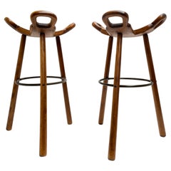 Sergio Rodrigues for Confonorm Pair of Brutalist Birch Bar Stools Spain 1970's