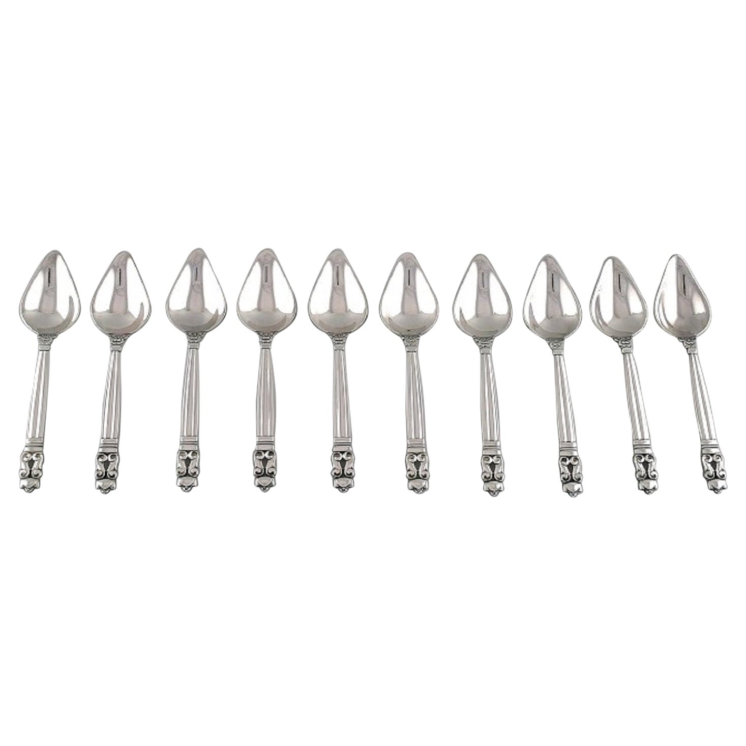 10 Georg Jensen Acorn Grapefruit Spoons in Sterling Silver For Sale