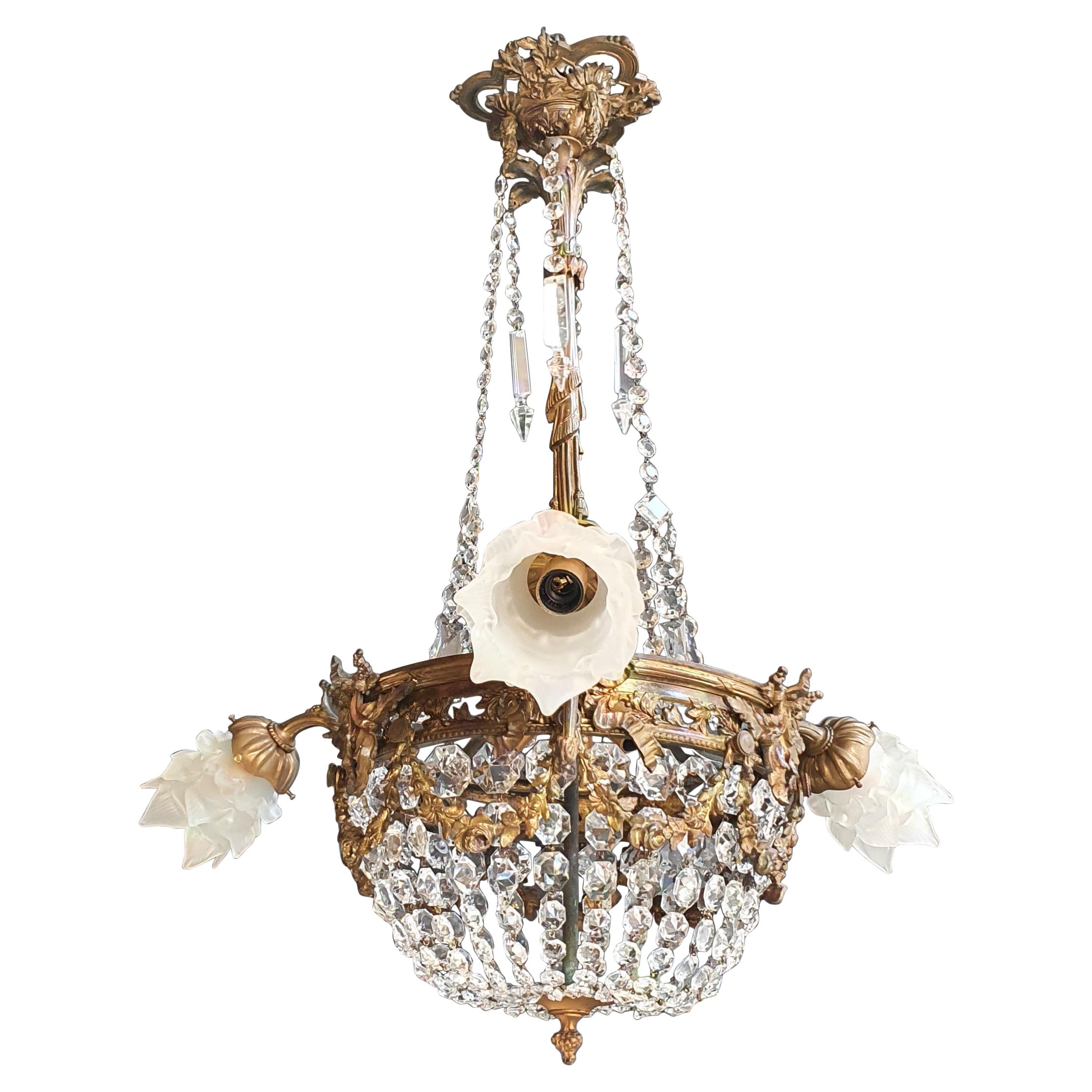 Art Nouveau Brass Chandelier Lustre Ceiling Lamp Rarity Antique