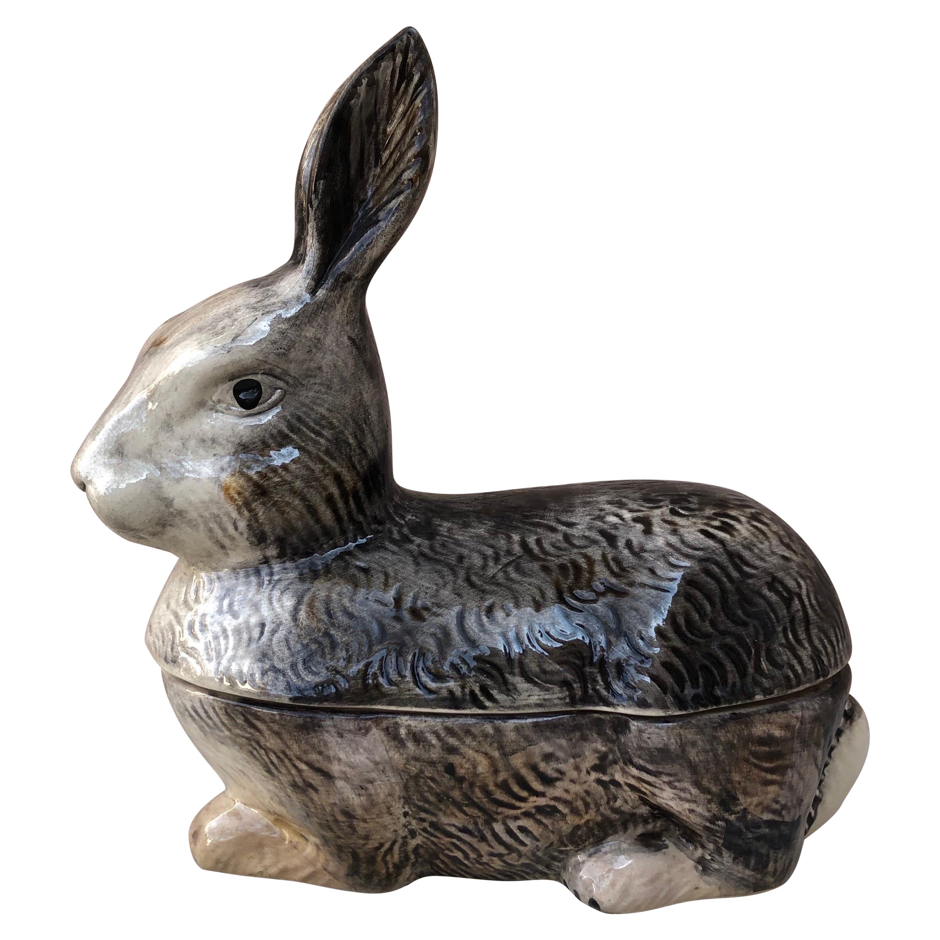 French Majolica Gray Rabbit Tureen Circa 1950