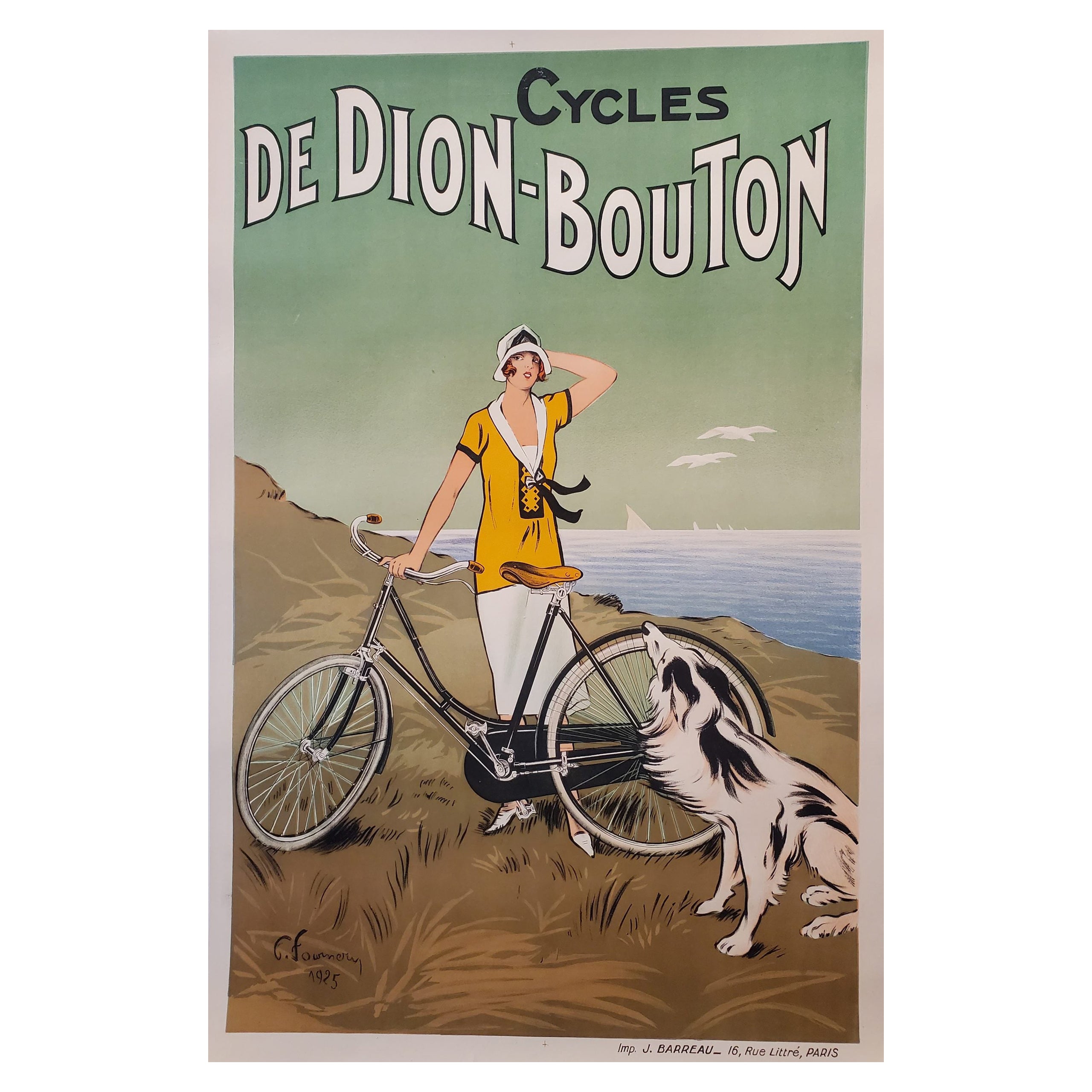 Original Vintage French Cycle Bike Poster "De Dion Bouton" 1925 Art Deco For Sale
