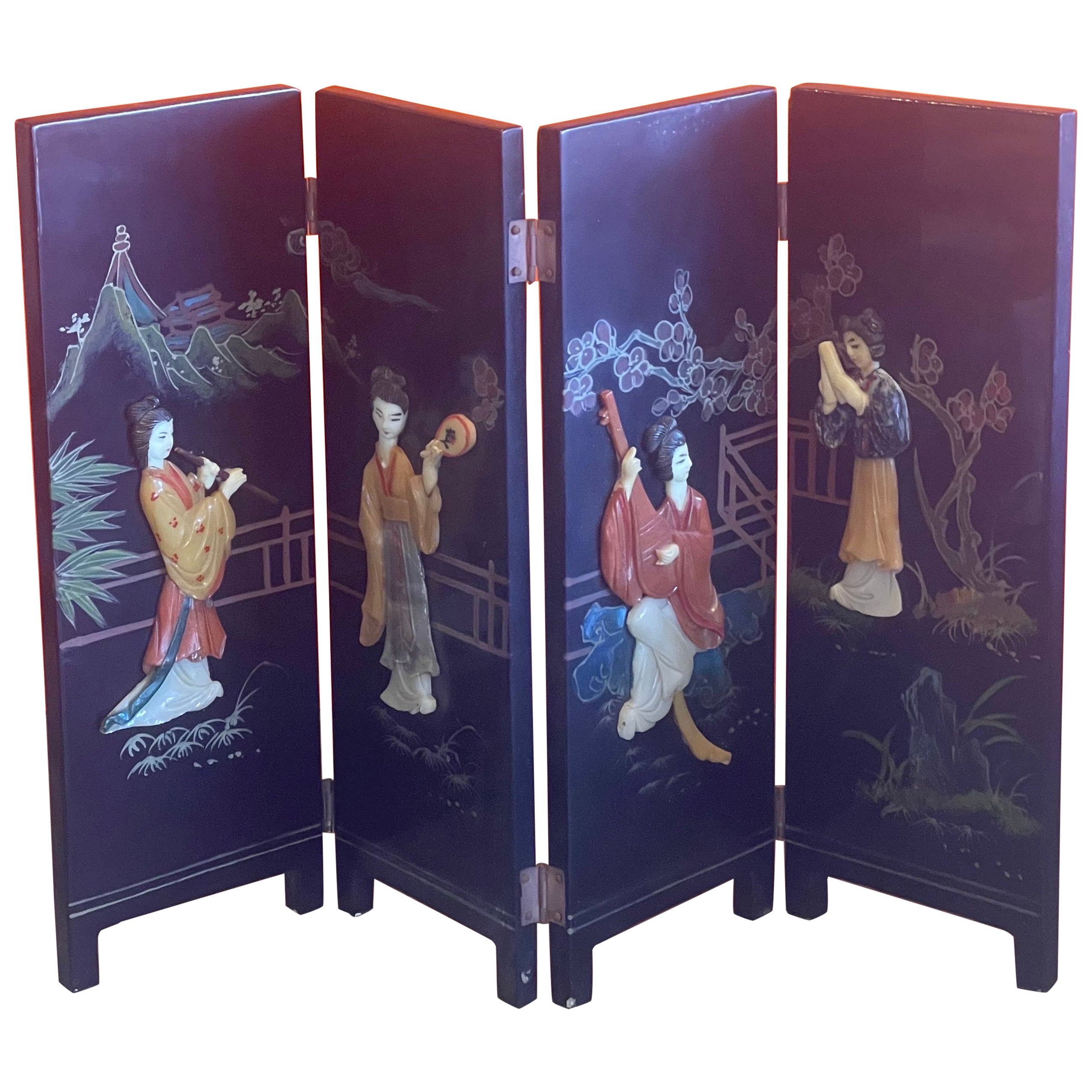 Miniature Four Panel Asian Figurine Folding Screen For Sale
