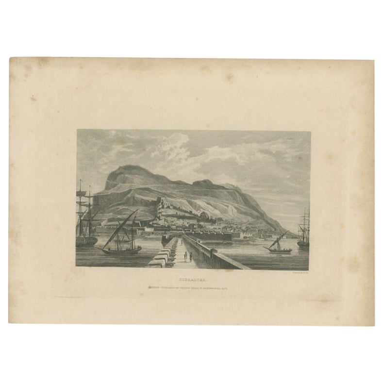 Antiker antiker Druck des Hafens von Gibraltar von Kelly, um 1840