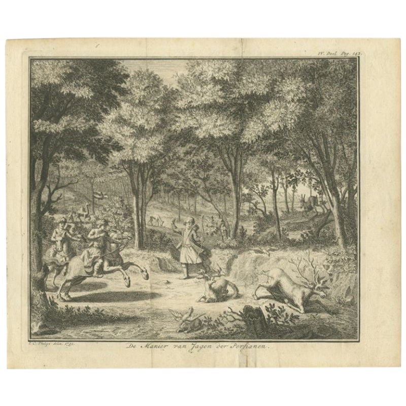 Interessanter originaler antiker Druck der Jagdmethoden der Perserteppiche, 1731