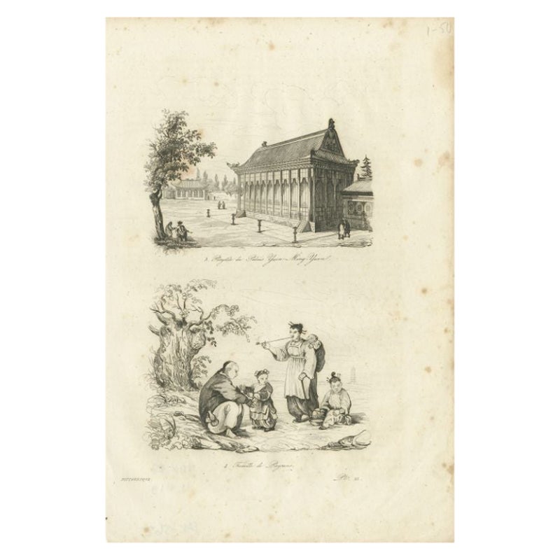 Antique Print of the Imperial Palace at Yuen-ming-yuen and Chinese Family, 1834 For Sale