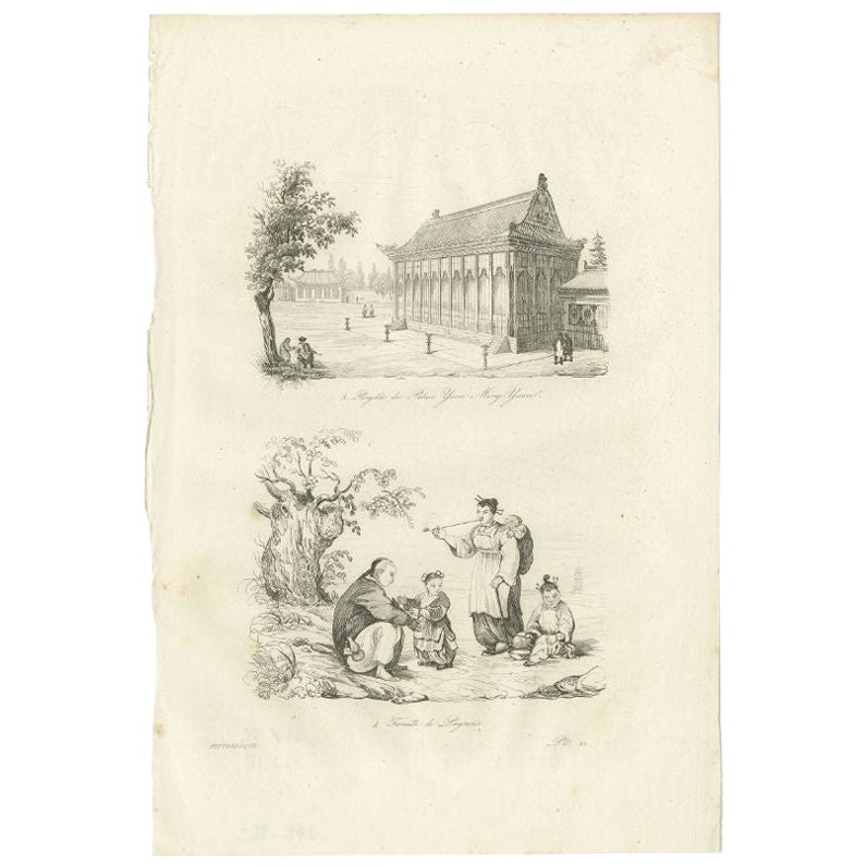 Antique Print of the Imperial Palace at Yuen-Ming-Yuen and Chinese family, 1834