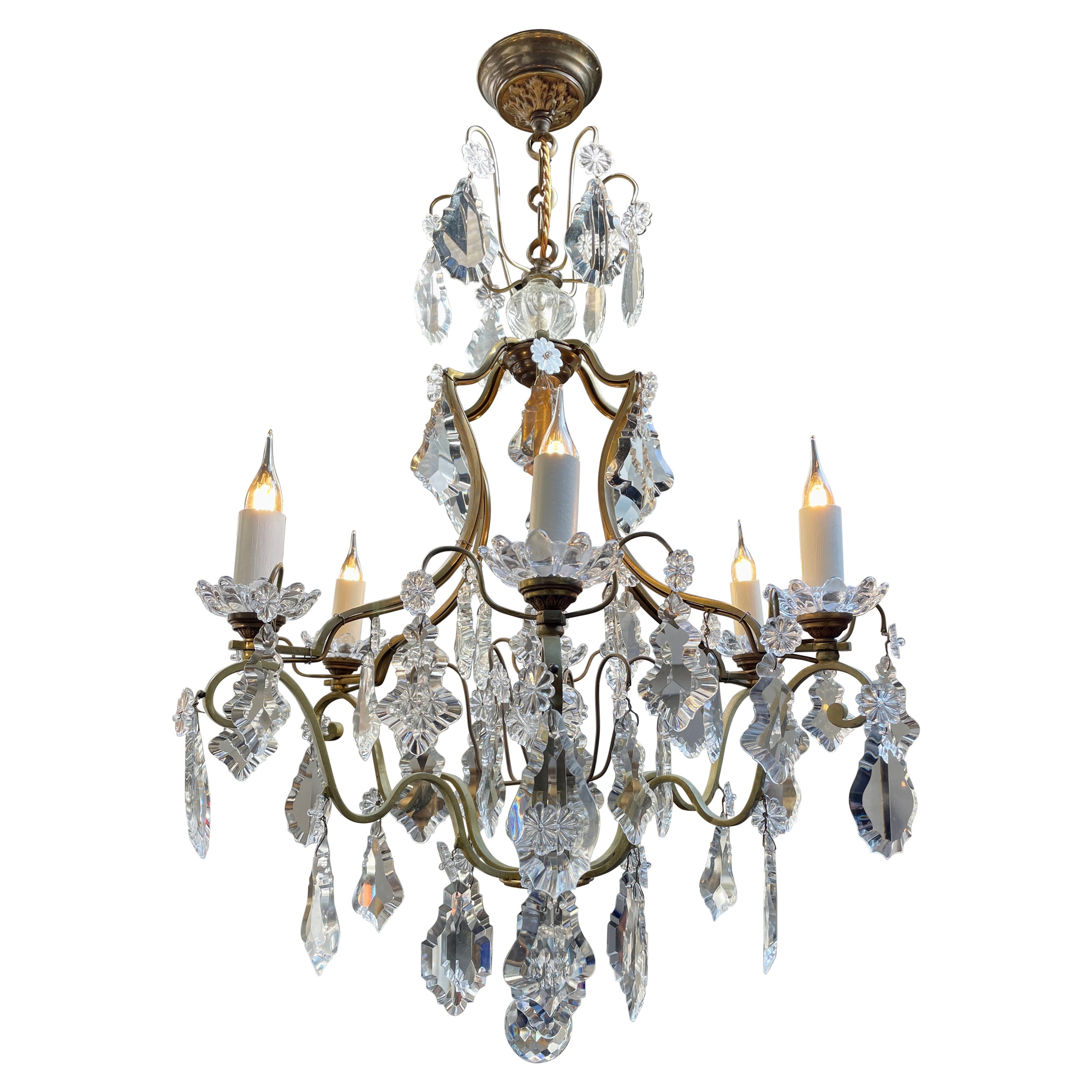 Antique French Brass and Crystal Cage Chandelier For Sale