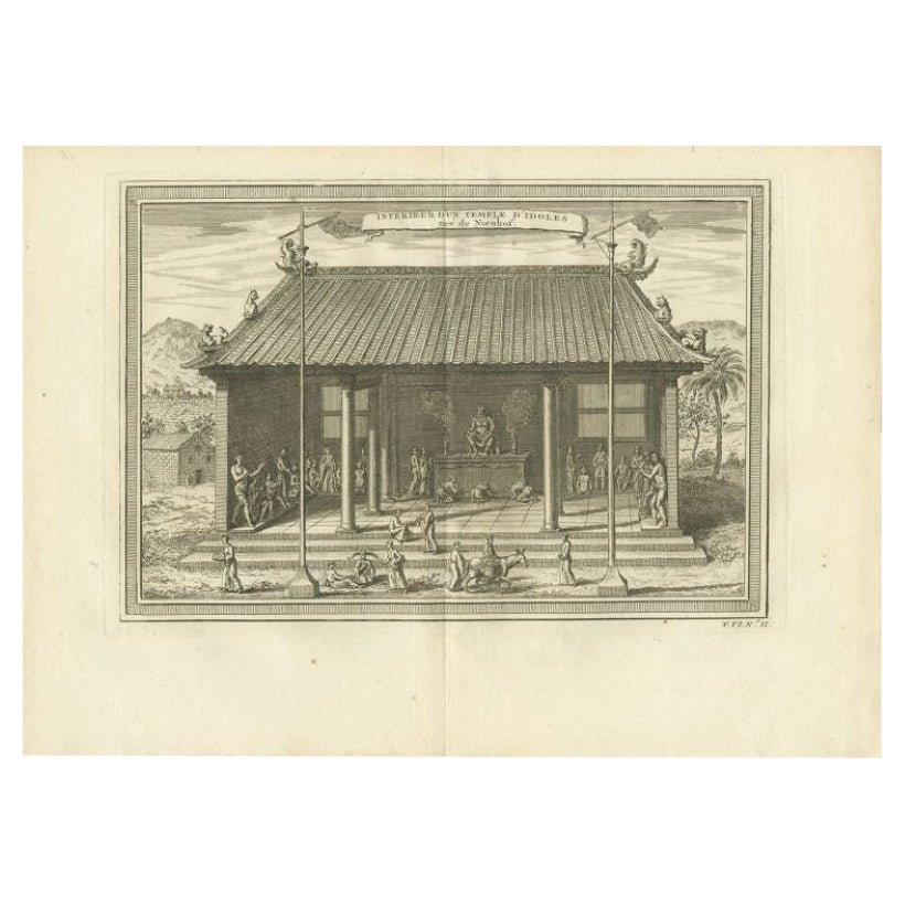 Antique Print of the Interior of a Chinese Temple, 1748 For Sale