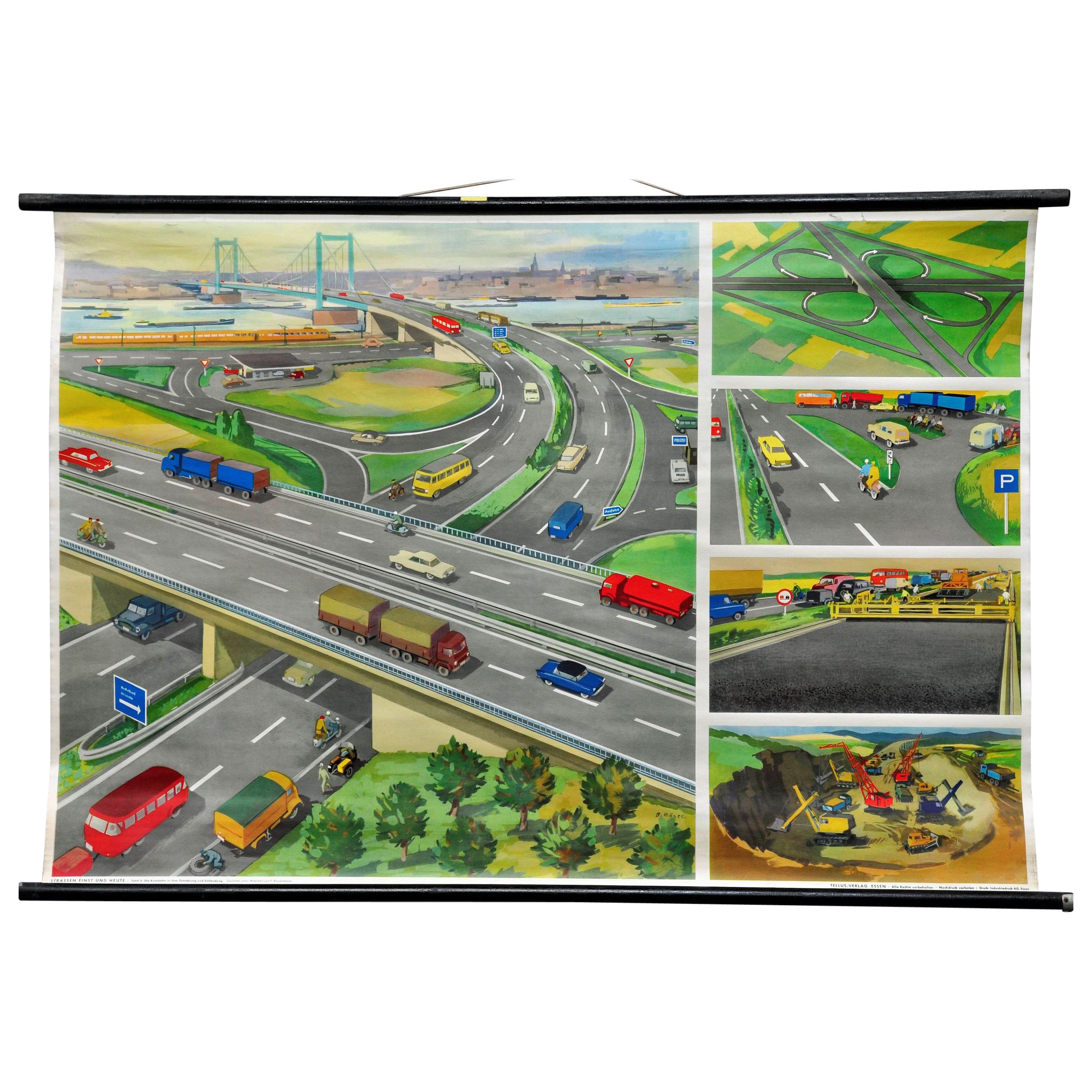 Vintage Rollable Wall Chart Freeway Interchange Highway Junction Traffic Poster For Sale