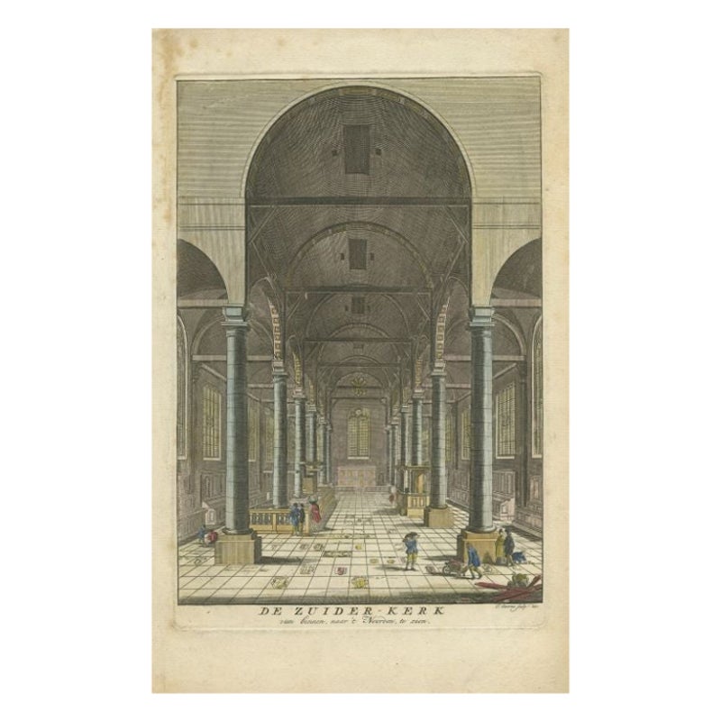 Antiker antiker Druck des Innenraums der „Zuiderkerk“ von Goeree, 1765