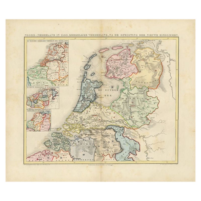 Antique Map of the Netherlands in 1560 by Mees, 1853 For Sale