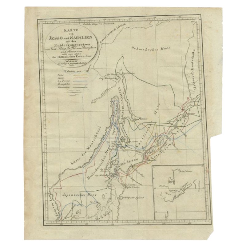Antique map titled 'Karte von Jesso und Sagalien'. Old map of the region of the island of Yesso (Mororan, Hokkaido, Japan). This map originates from Volume 38 of 'Allgemeine geographische Ephemeriden' by F.J. Bertuch.

Artists and Engravers: